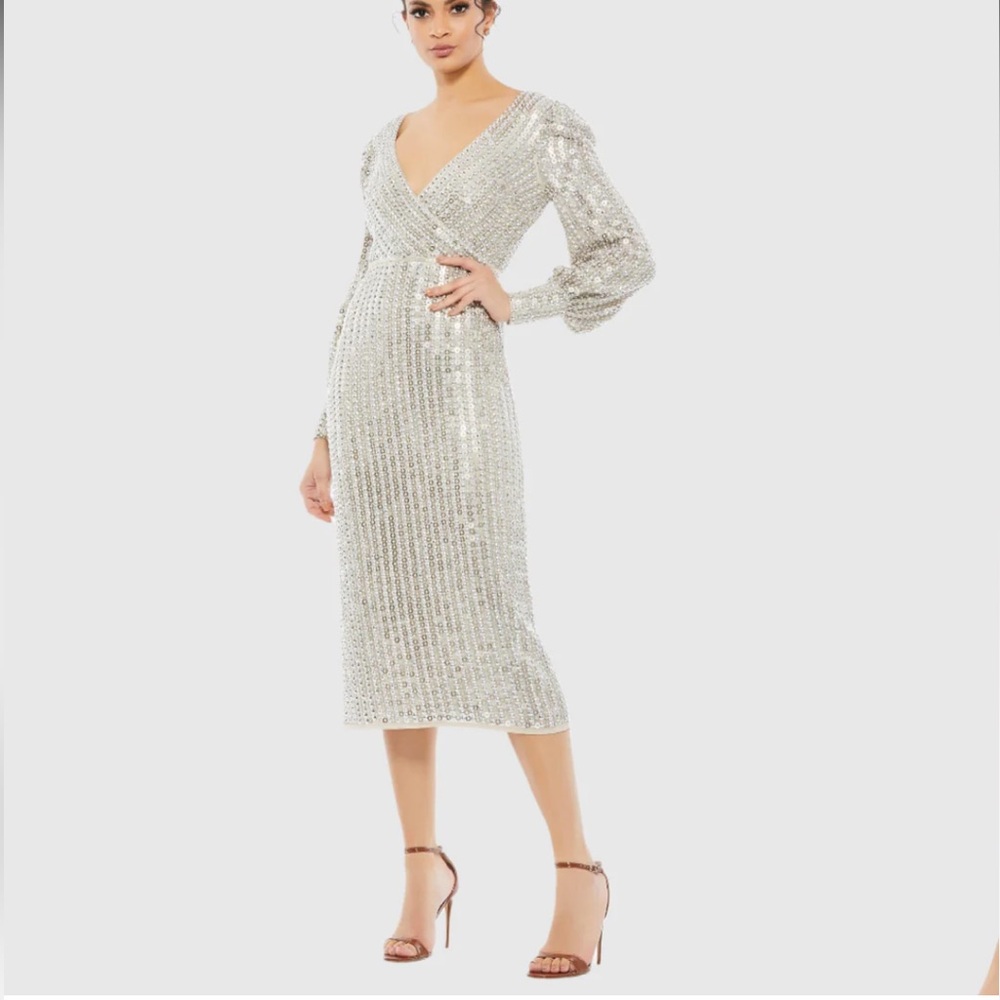 Mac Duggal Silver Sequin V-Neck Midi Dress